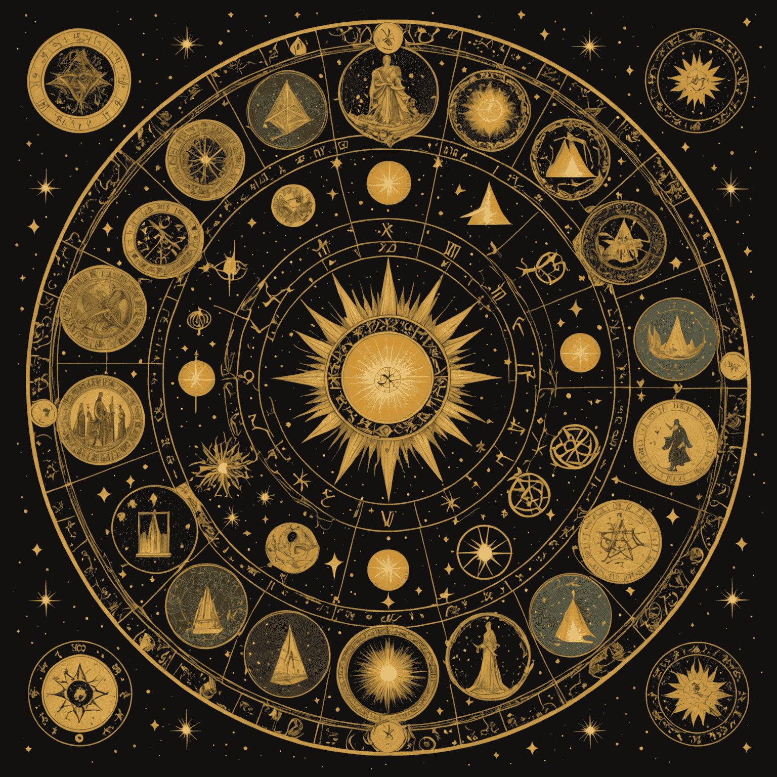 Une illustration mystique représentant les 22 cartes des Arcanes Majeurs disposées en cercle, entourées d'étoiles et de symboles astrologiques. Les cartes semblent émettre une lueur dorée, créant un effet visuel captivant.