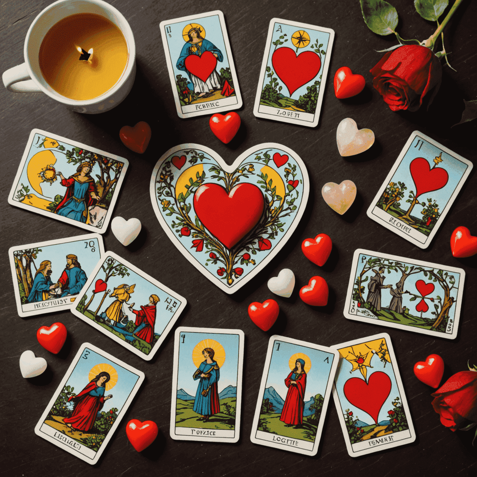 Image illustrant un tirage de Tarot en forme de cœur avec des cartes représentant l'amour et les relations